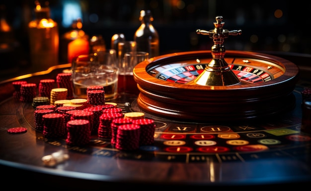 A casino table with a rouleet and cups of liquor