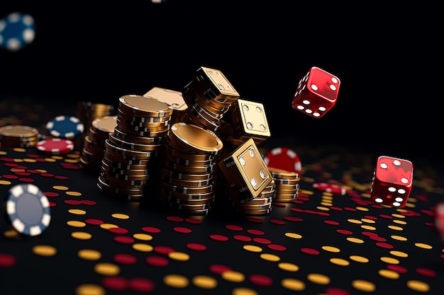 A casino table with stacks of casino chips and dice on it.