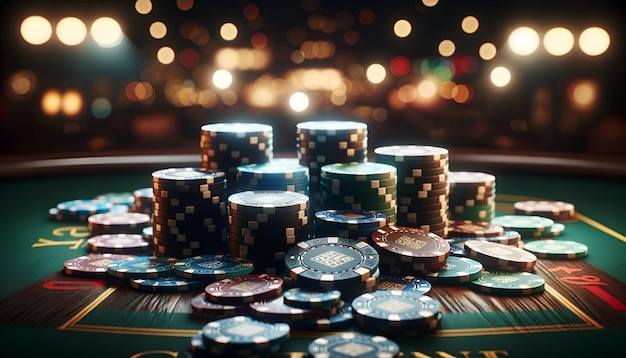 Casino table with various chips stacked with a blurred bokeh casino lights background