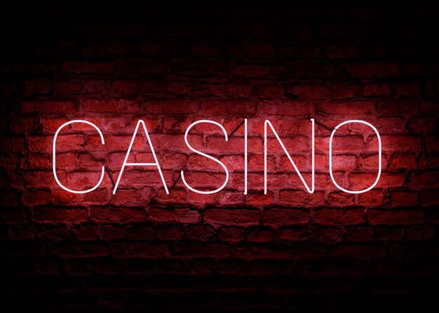 Casino teken neon roze kleur tekst op donkere muur baksteen Online casino Gokken conceptontwerp 3D illustratie