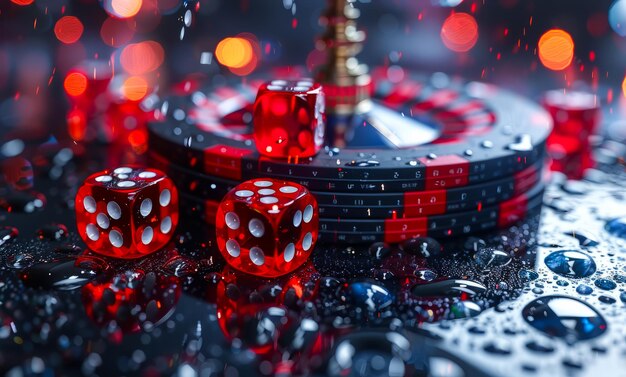 Casino theme High contrast image of casino roulette poker game dice game poker chips on gaming table all on colorful bokeh background