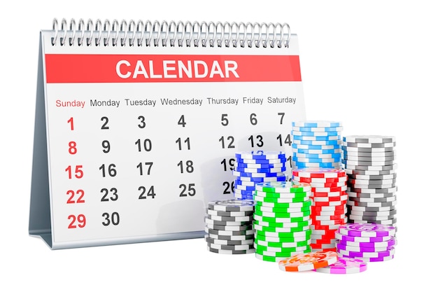 Casino tokens with desk calendar 3D rendering