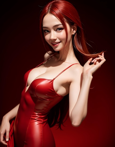 casino vrouw in een rode jurk poseren voor een foto op witte achtergrond