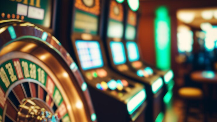 Casinoachtergrond met gokautomaten en roulette