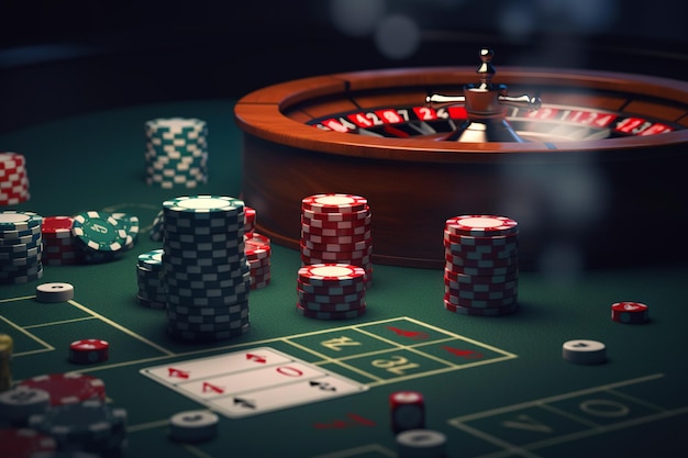 Casinoconcept met abstracte gokobjecten Donkere casinokamer met roulettekaarten en dobbelstenen Generatieve AI