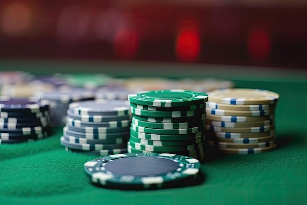 Casinofiches op groen tafelblad met copyspace Ai generatief