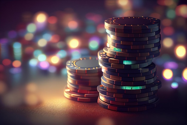 Casinofiches op tafel Kleurrijke bokeh backgroundgenerative ai