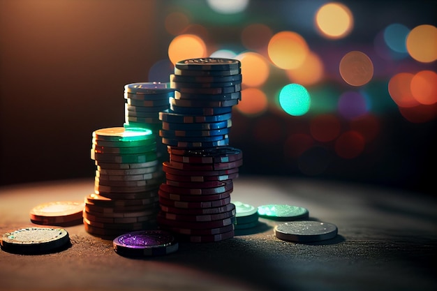 Casinofiches op tafel Kleurrijke bokeh backgroundgenerative ai