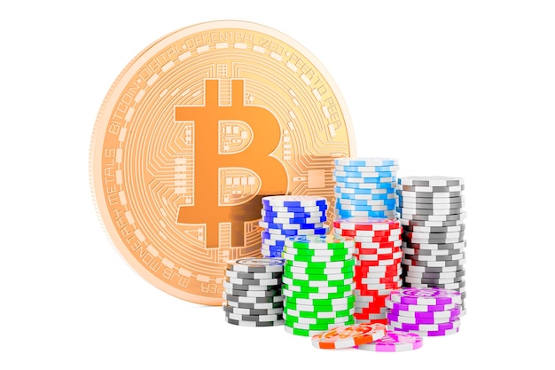 Casinotokens met bitcoin 3D-weergave