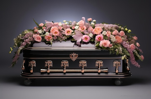 Photo casket with flowers and in front of people in the style of strong emotional impact