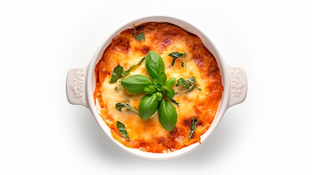 a casserole dish with cheese and basil