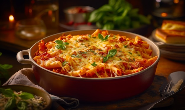 Casserole dish with tomato sauce cheese and spinach Generative AI