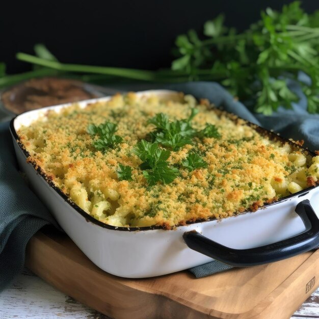 Casserole met courgette kaas en peterselie op een houten plank