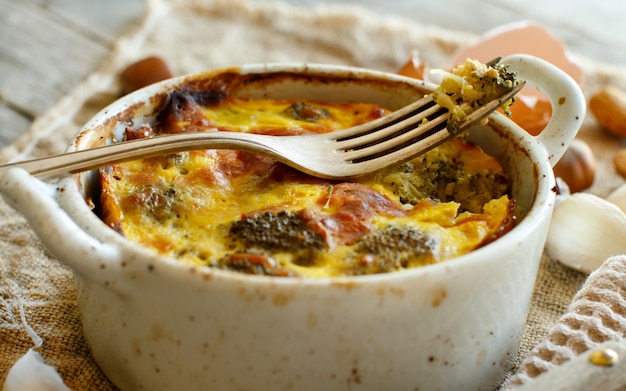 Casserole with broccoli close up