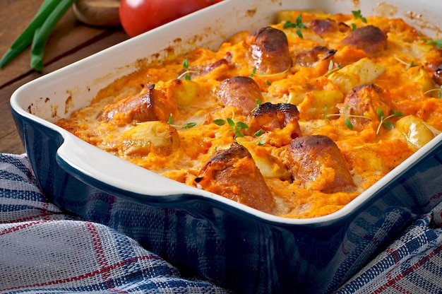 Casserole with sausage bacon and apples in a pumpkincheese sauce