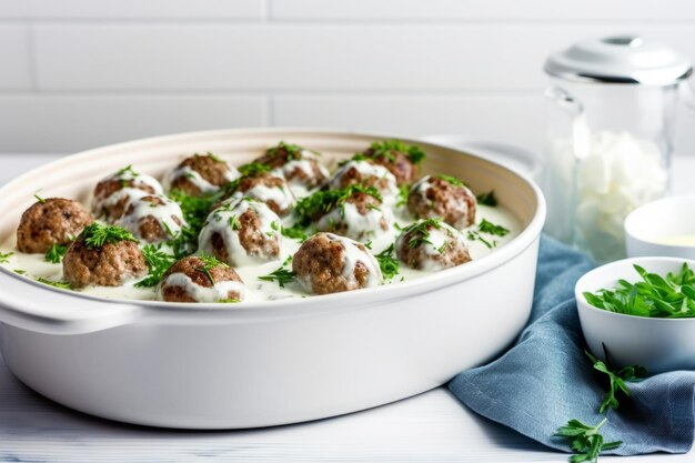 Casserole with white sauce and meatballs in a white ceramic form Generative AI