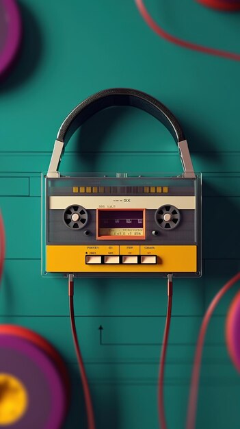 「テープレコーダー」と書かれた黄色と黒のラベルが付いたカセットプレーヤー