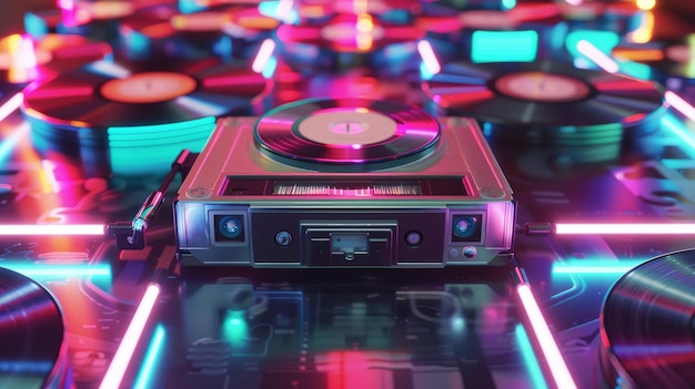 Foto cassette-speler omringd door vintage vinylplaten en kleurrijke neonlichten