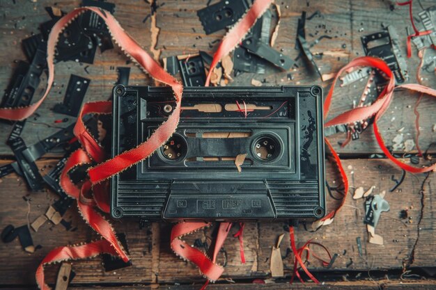 Foto nastro cassetta su tavolo di legno con nastro incastrato top view filtro retro