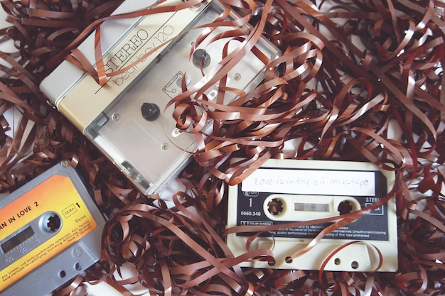 Photo cassettes on pile of entangled tape