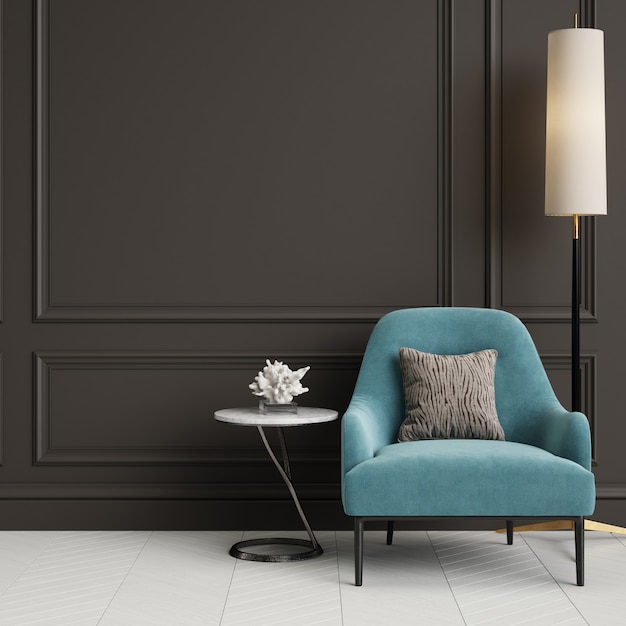 Cassic interior with blue armchair and floor lamp