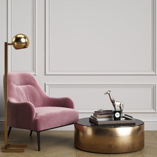 Cassic interior with pink armchair and floor lamp
