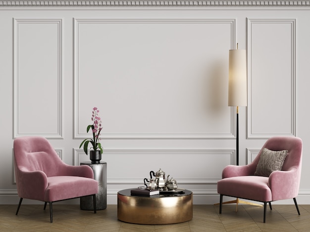 Cassic interior with pink armchair and floor lamp