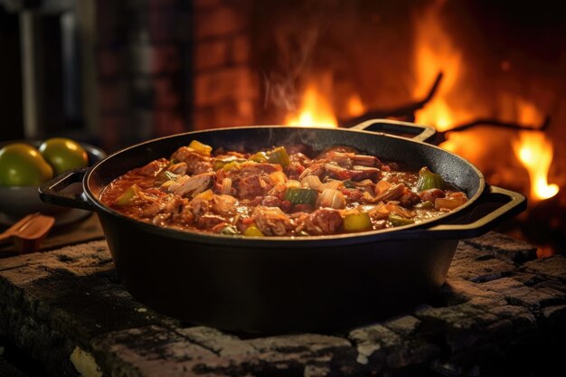 Cast iron pot with jambalaya simmering on fire created with generative ai