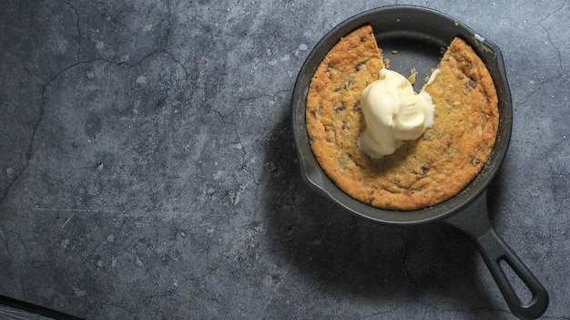 Cast Iron Skillet Cookies with Vanilla Ice Cream on Top