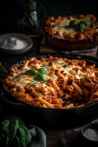 Photo a cast iron skillet of pasta with a cheese sauce and fresh basil on top.