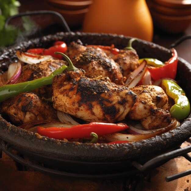 A cast iron skillet with a chicken dish with peppers and onions.