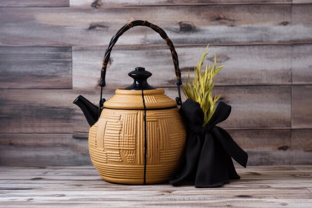 Photo cast iron teapot with bamboo handle on rustic background created with generative ai