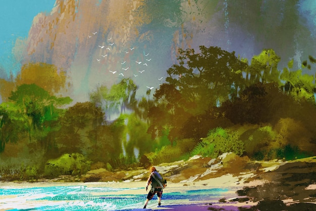 the castaway man standing on island beach,illustration painting