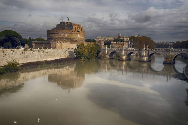 Castel Sant'Angelo and the Sant'Angelo bridge during sunny day in Rome