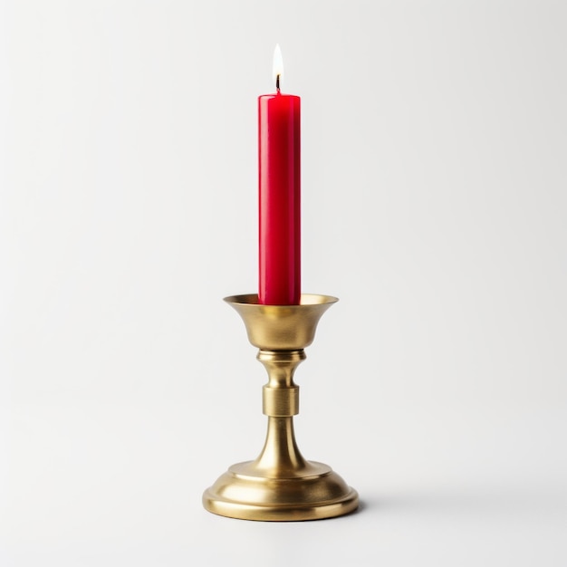 Photo casting warmth the elegance of a red taper candle embraced by a simple brass candleholder on a whit