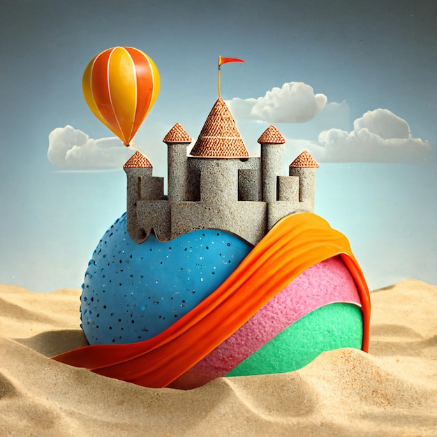 A castle on a ball with a balloon in the background.