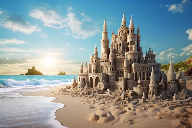 castle on the beach with sand and water in the background