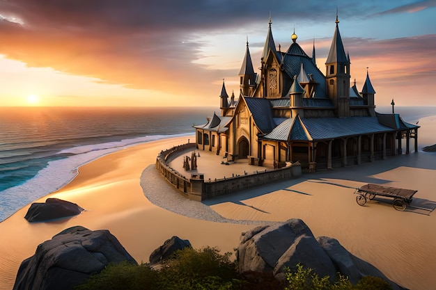 A castle on the beach with a sunset in the background