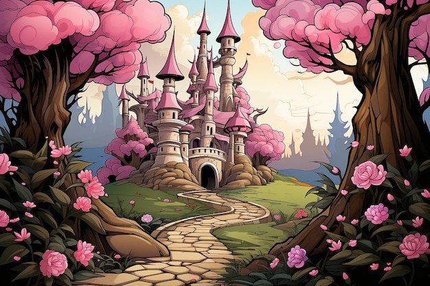 castle in blue and pink fantasy world dream