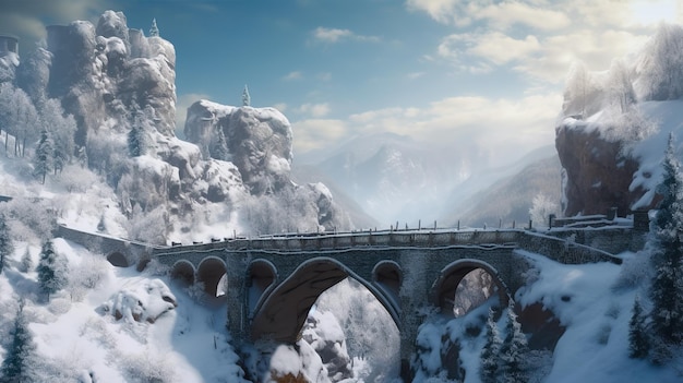 Castle bridge in mountains in winter landscape with old building in forest generative AI