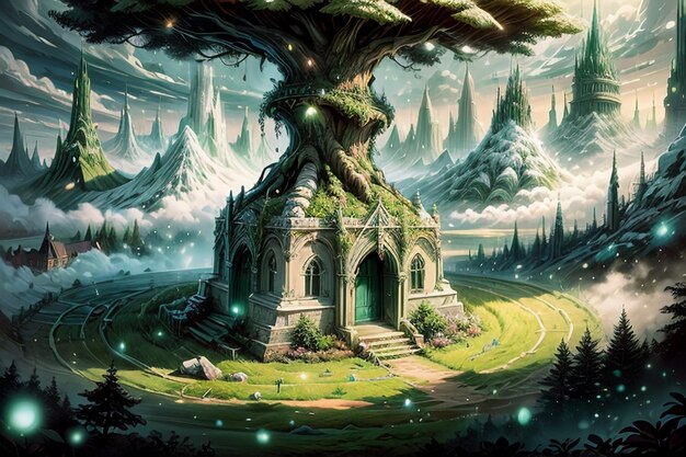 Castle building in the green forest cartoon anime wallpaper illustration