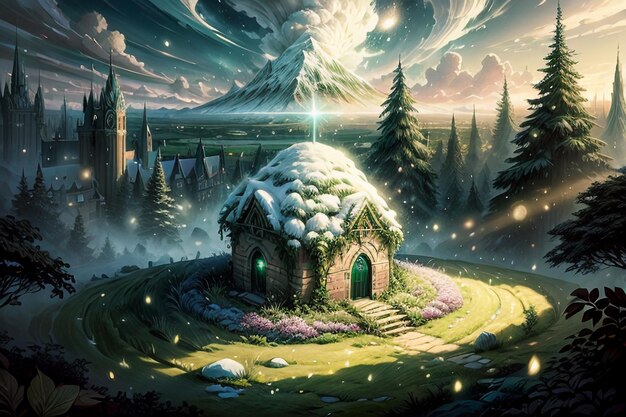 Castle building in the green forest cartoon anime wallpaper illustration