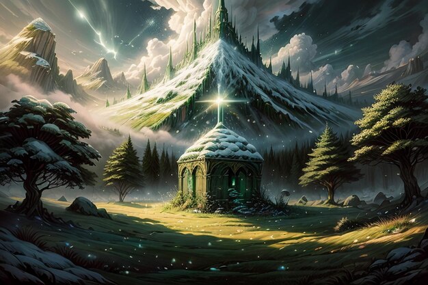 Castle building in the green forest cartoon anime wallpaper illustration