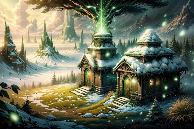 Castle building in the green forest cartoon anime wallpaper illustration