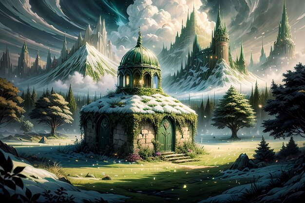 Castle building in the green forest cartoon anime wallpaper illustration