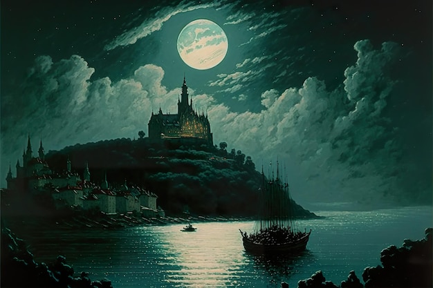月の下の川沿いの城