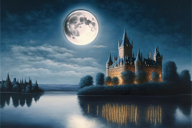 Photo castle by the river under the moon