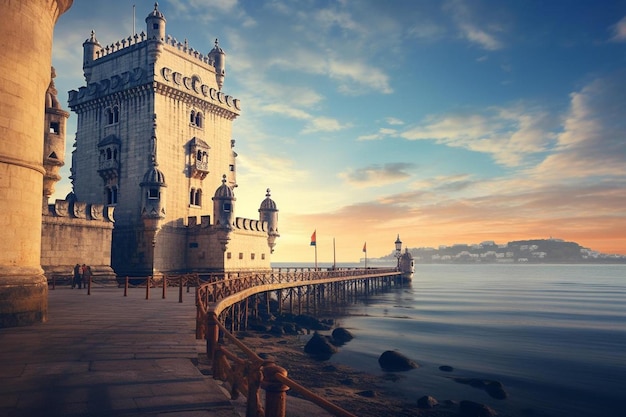 a castle by the water with a sunset in the background