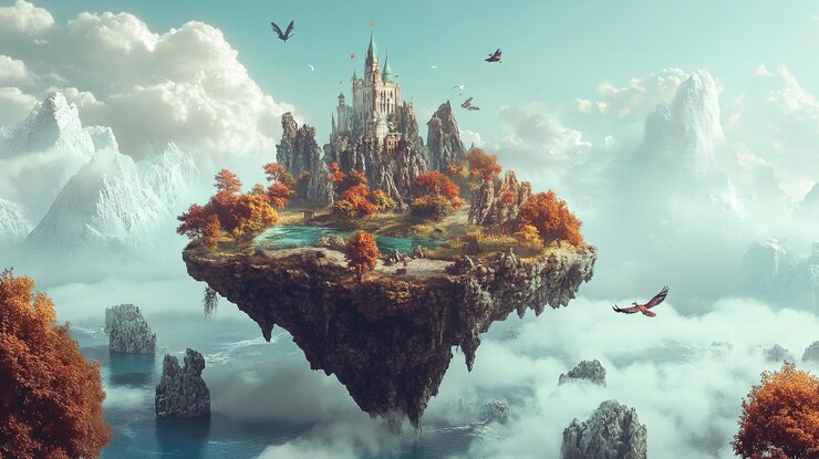 Photo castle on a castle with birds flying over it
