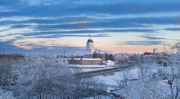 Castle in the city of Vyborg in winter,  top view